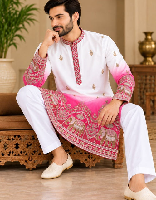 Load image into Gallery viewer, Festive Pink Embroidered Men's Kurta Pajama Set
