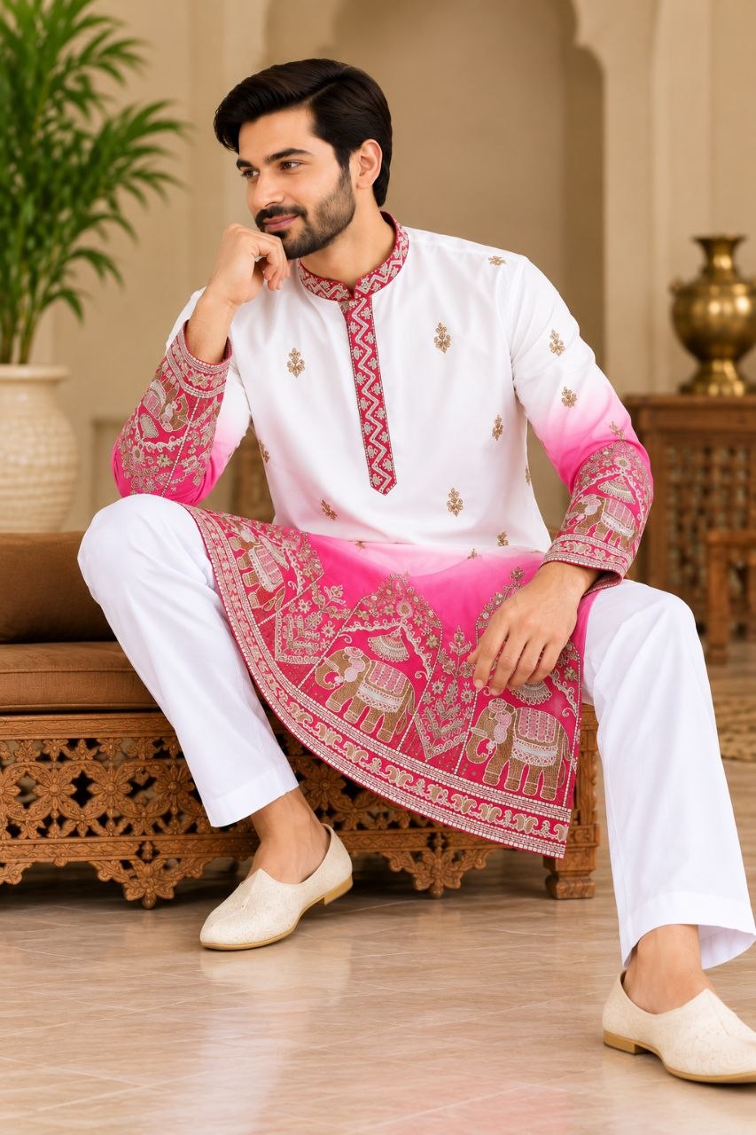 Festive Pink Embroidered Men's Kurta Pajama Set