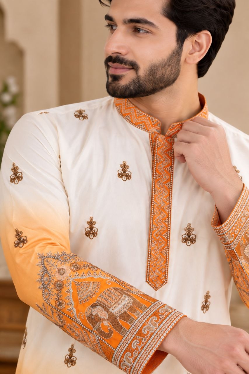 Festive Yellow Embroidered Men's Kurta Pajama Set