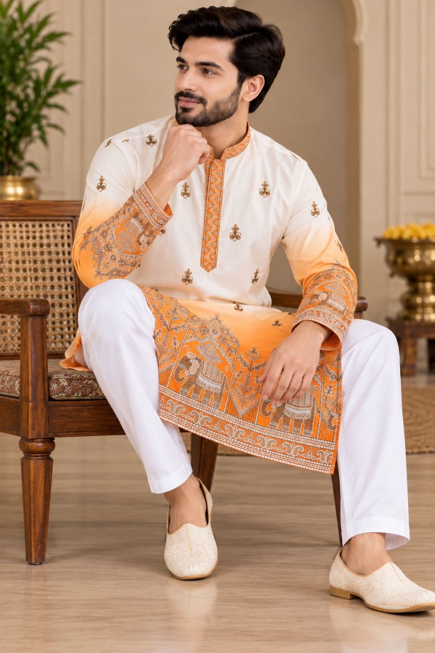 Festive Yellow Embroidered Men's Kurta Pajama Set