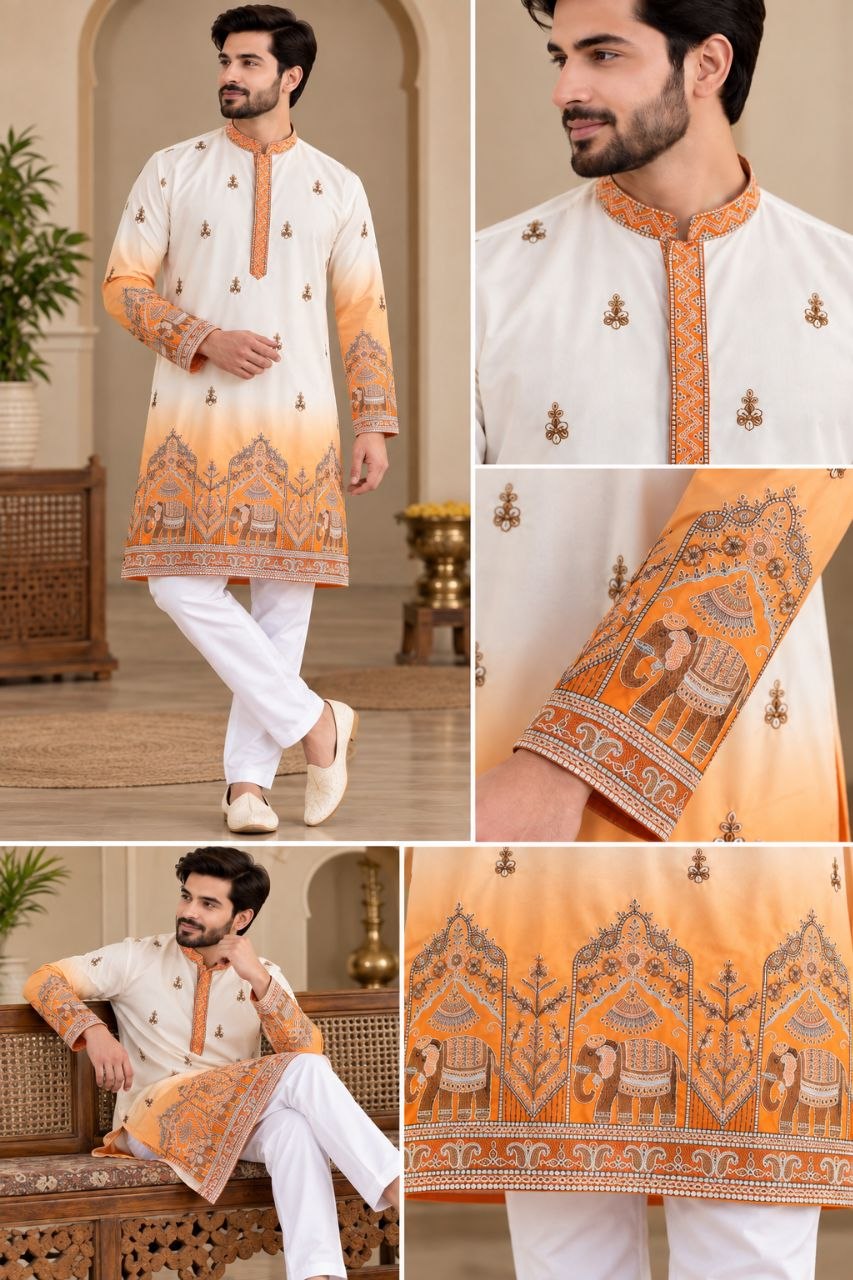 Festive Yellow Embroidered Men's Kurta Pajama Set