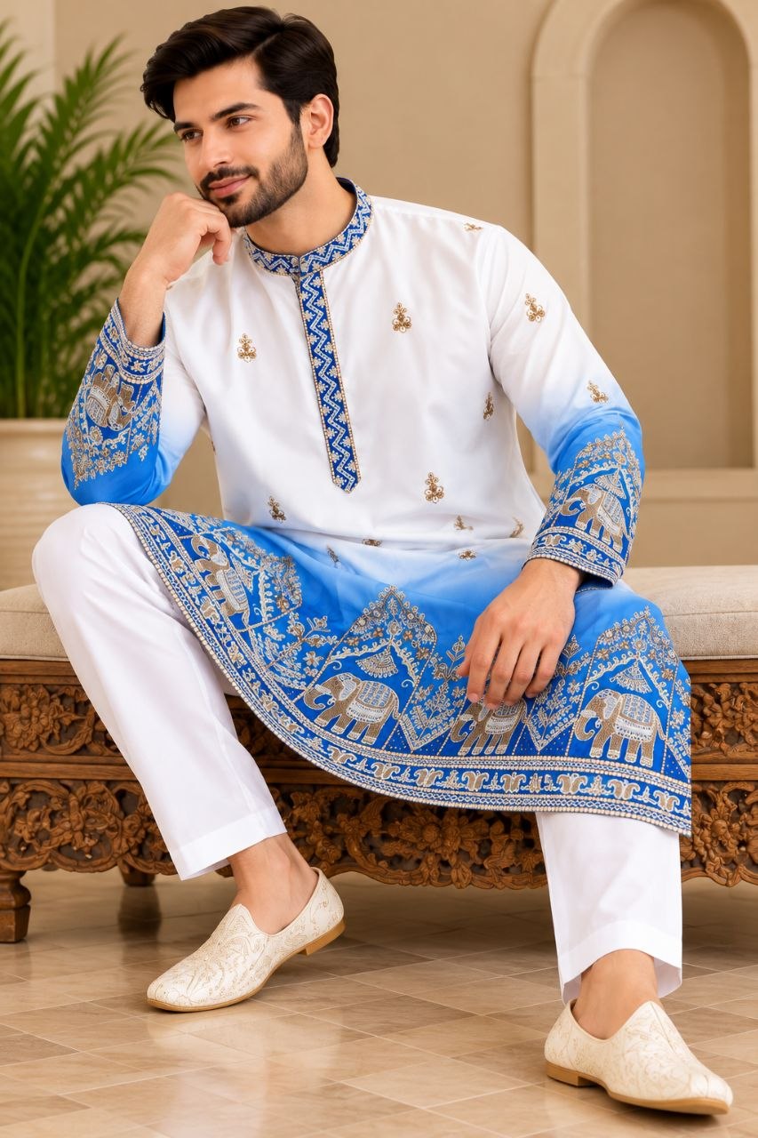 Festive Blue Embroidered Men's Kurta Pajama Set