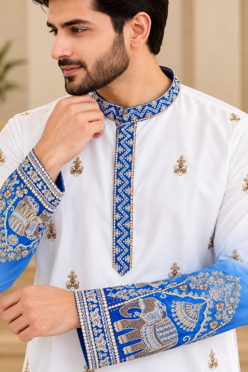Festive Blue Embroidered Men's Kurta Pajama Set