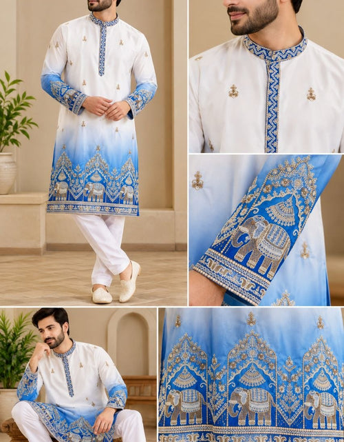 Load image into Gallery viewer, Festive Blue Embroidered Men's Kurta Pajama Set
