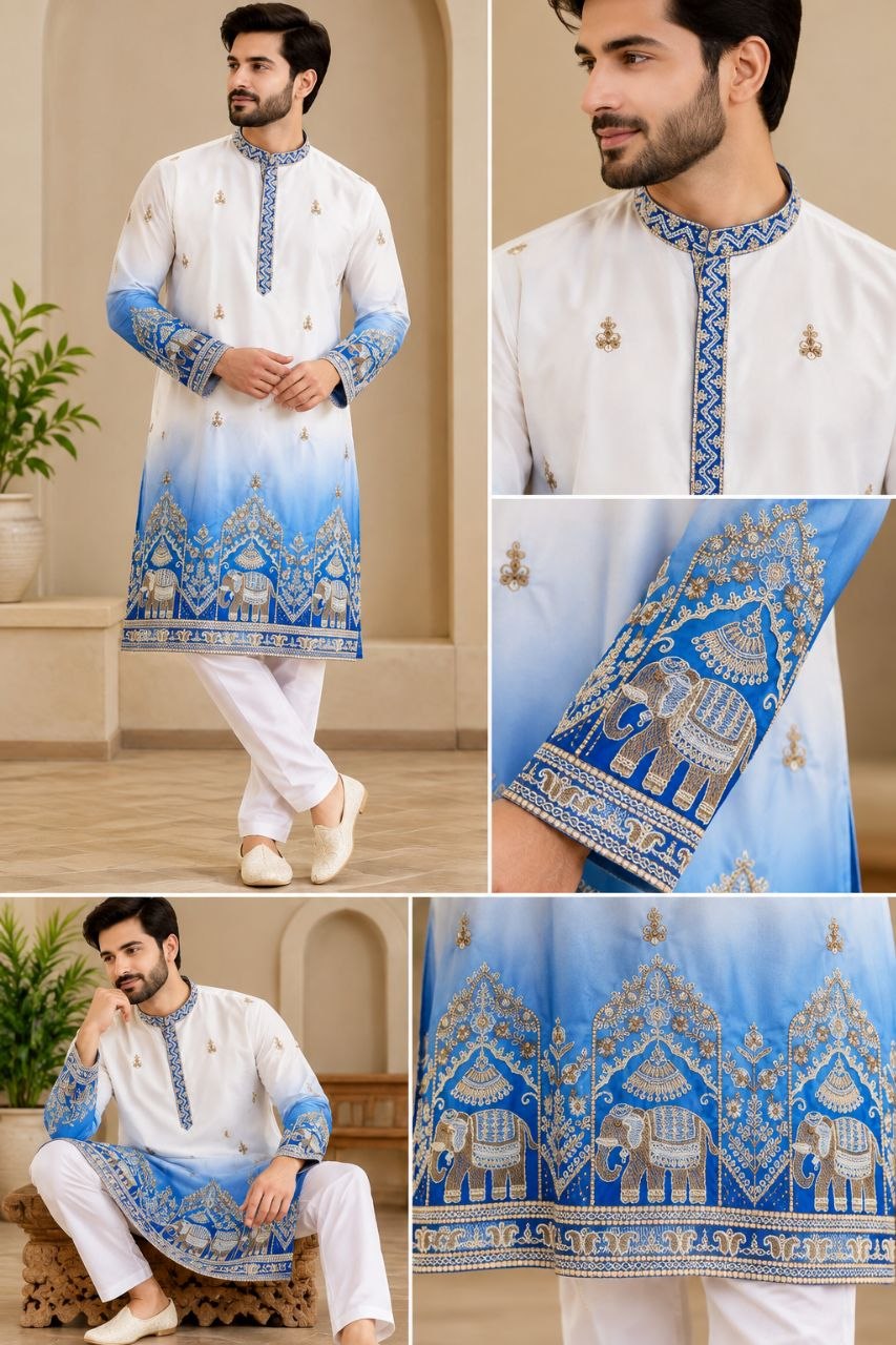 Festive Blue Embroidered Men's Kurta Pajama Set