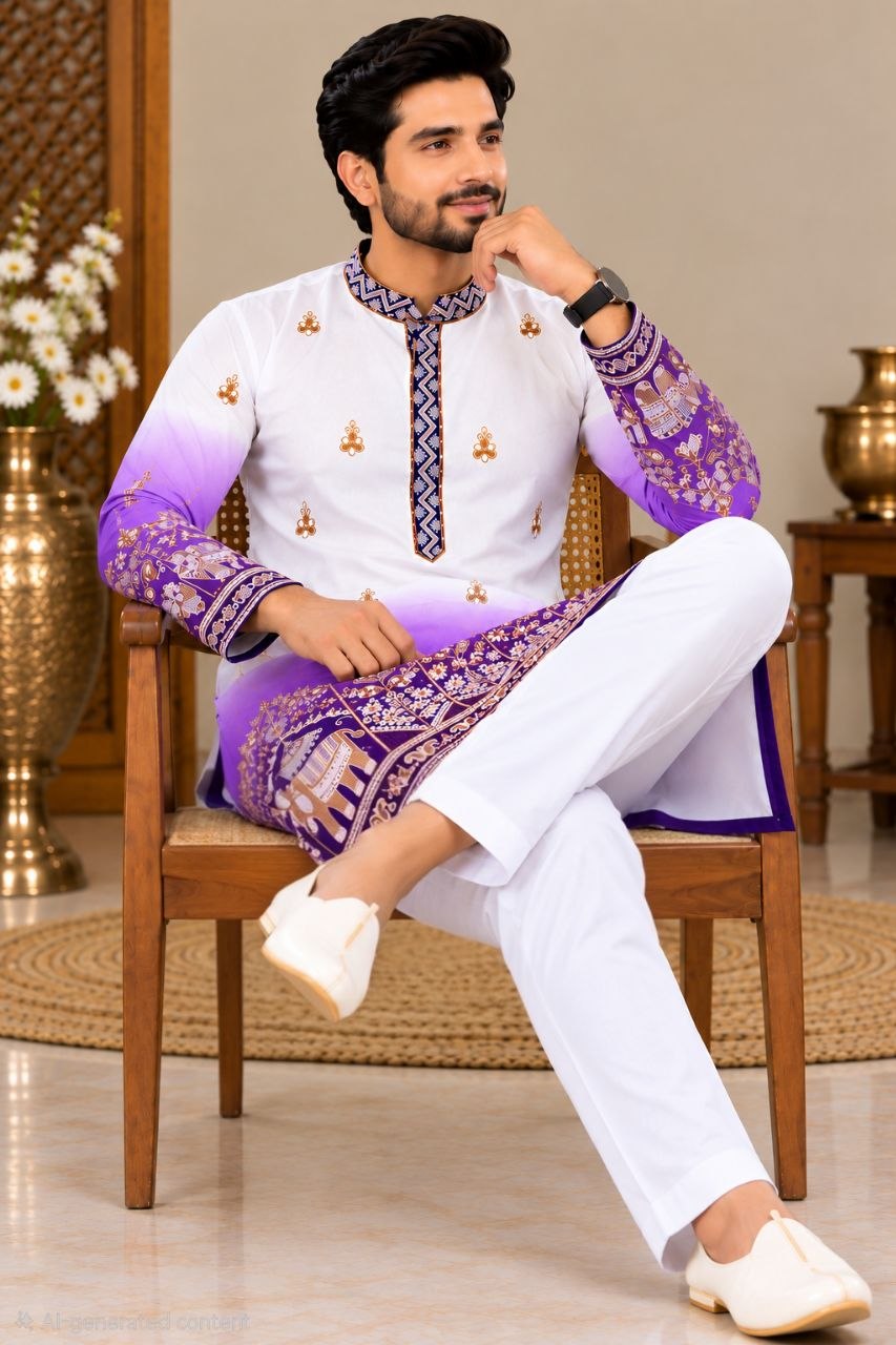 Festive Purple Embroidered Men's Kurta Pajama Set