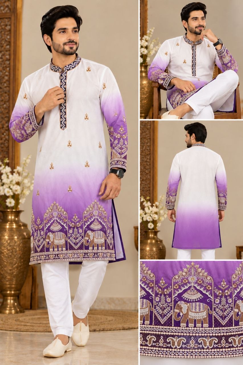 Festive Purple Embroidered Men's Kurta Pajama Set
