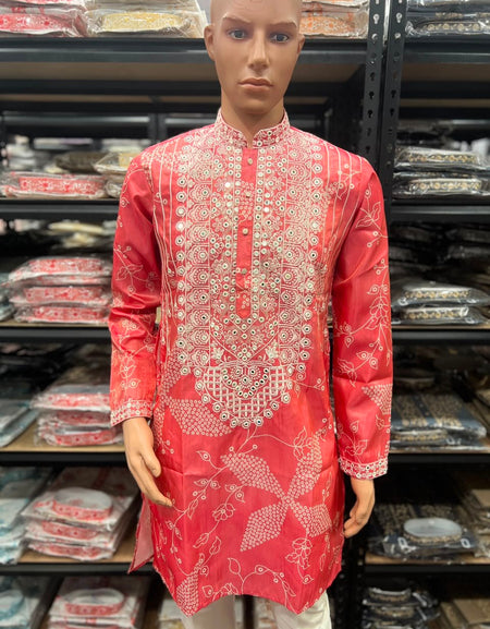 Festive Men's Silk Blend Embroidered Pink Kurta Pajama  Set with Mirror Work