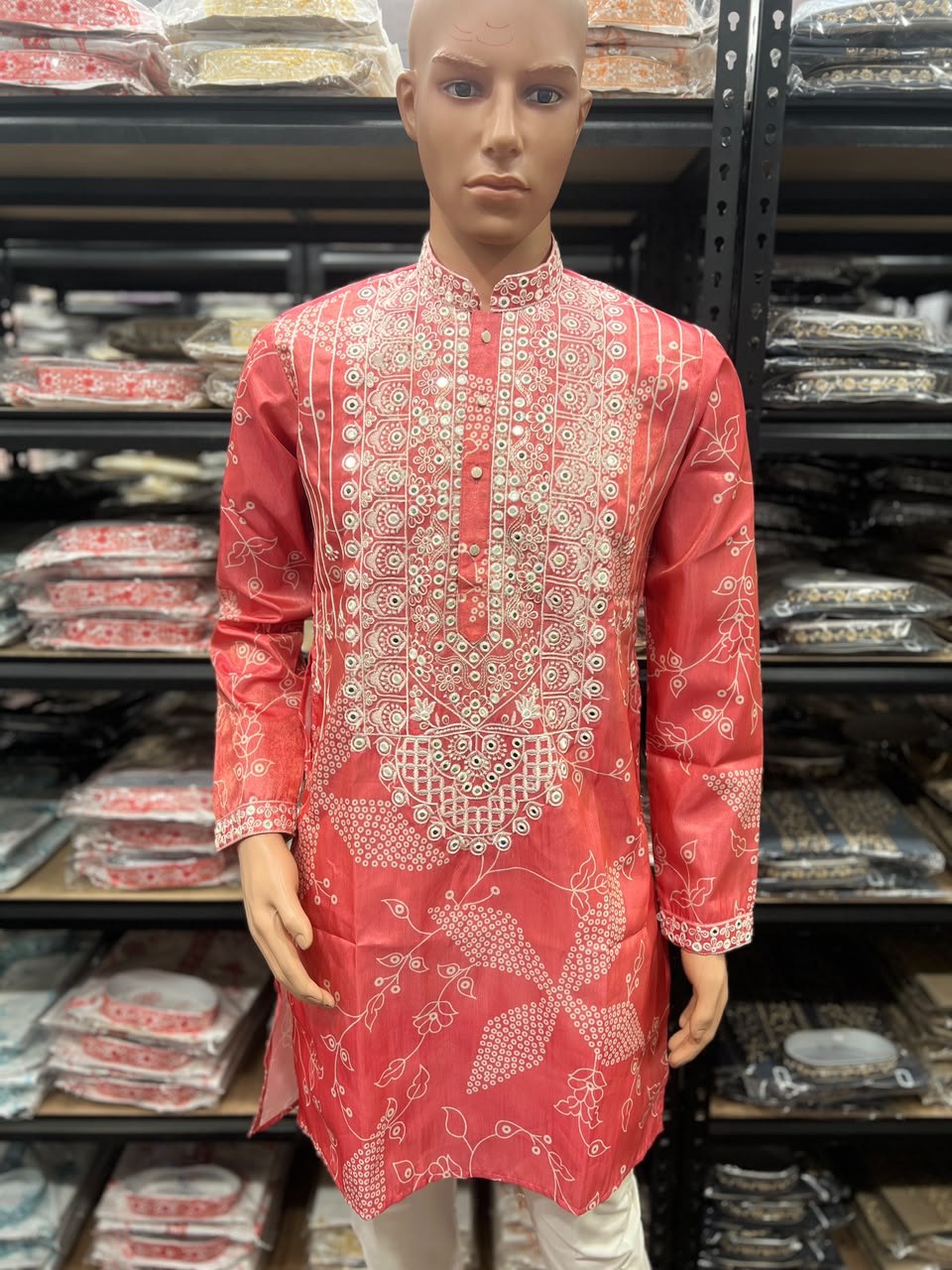 Festive Men's Silk Blend Embroidered Pink Kurta Pajama  Set with Mirror Work