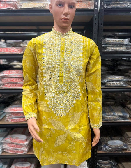 Festive Men's Silk Blend Embroidered Yellow Kurta Pajama  Set with Mirror Work