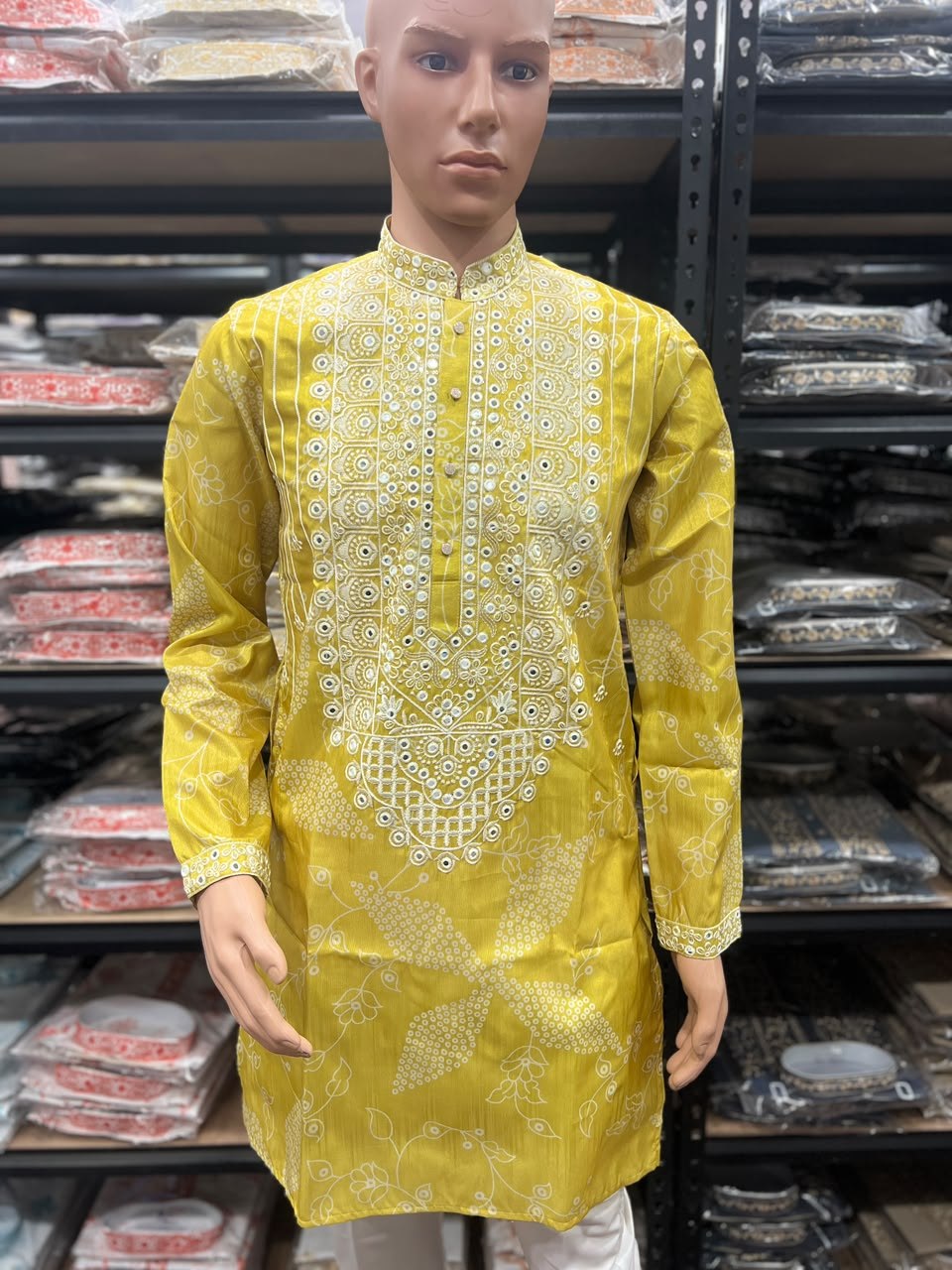 Festive Men's Silk Blend Embroidered Yellow Kurta Pajama  Set with Mirror Work