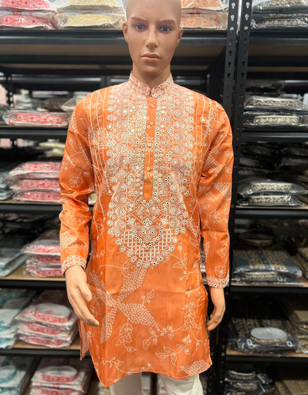 Festive Men's Silk Blend Embroidered Peach Orange Kurta Pajama Set with Mirror Work