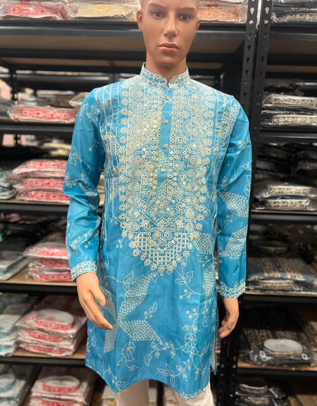 Festive Men's Silk Blend Embroidered Blue Kurta Pajama  Set with Mirror Work