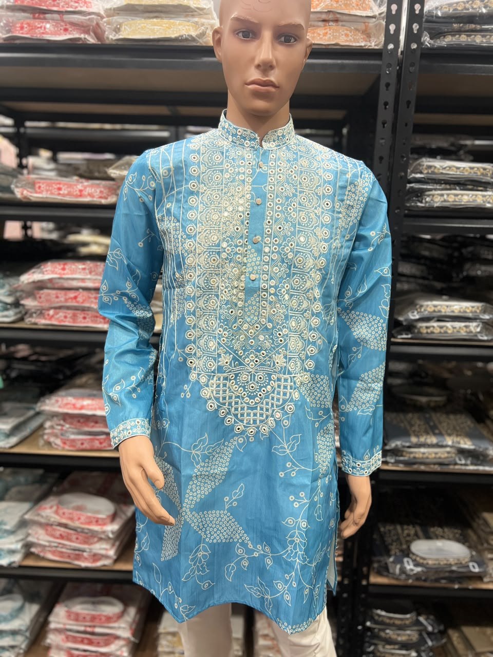 Festive Men's Silk Blend Embroidered Blue Kurta Pajama  Set with Mirror Work
