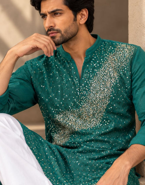 Load image into Gallery viewer, Festive Men’s Green Premium Embroidered Kurta Pajama Set

