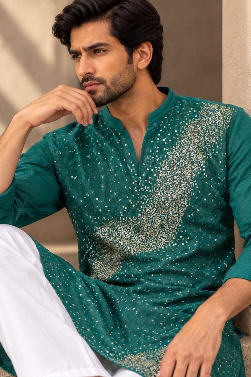 Festive Men’s Green Premium Embroidered Kurta Pajama Set