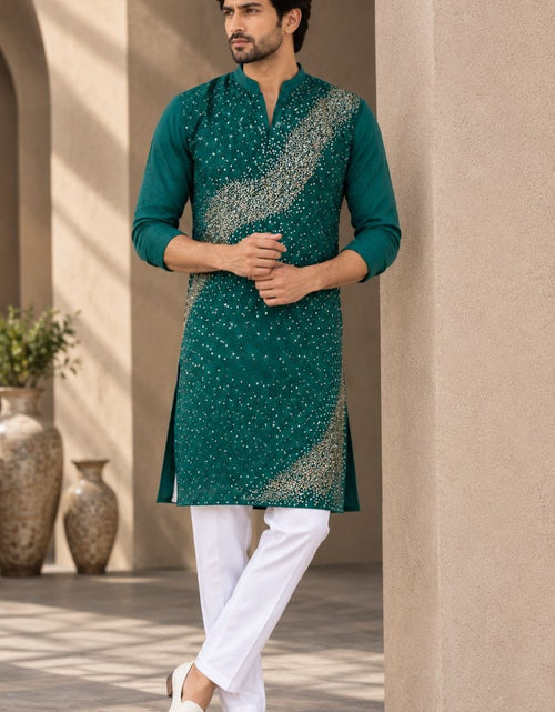 Load image into Gallery viewer, Festive Men’s Green Premium Embroidered Kurta Pajama Set
