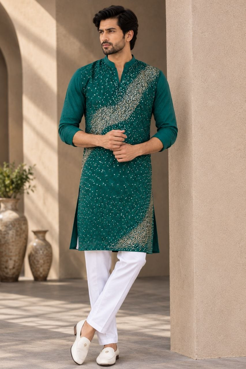 Festive Men’s Green Premium Embroidered Kurta Pajama Set