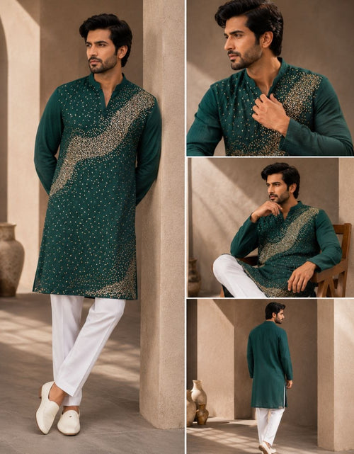 Load image into Gallery viewer, Festive Men’s Green Premium Embroidered Kurta Pajama Set
