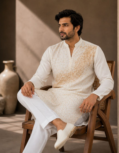 Load image into Gallery viewer, Festive Men’s White Premium Embroidered Kurta Pajama Set
