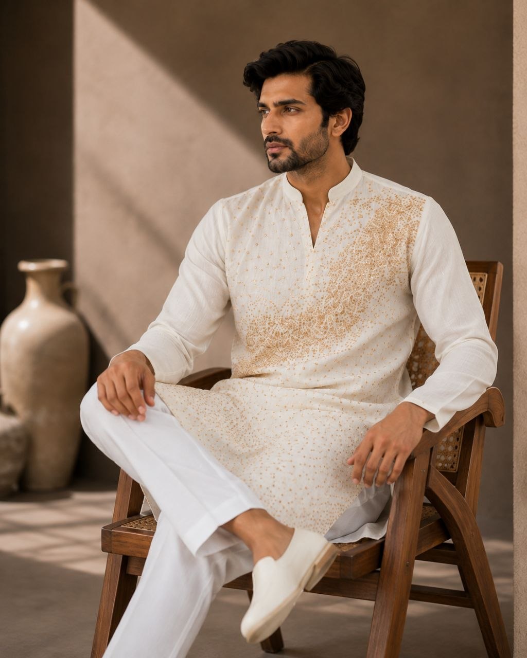 Festive Men’s White Premium Embroidered Kurta Pajama Set