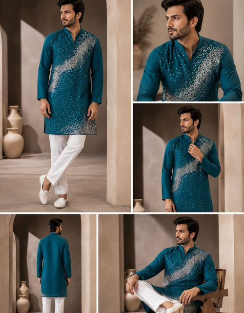 Load image into Gallery viewer, Festive Men’s Blue Premium Embroidered Kurta Pajama Set mahezon
