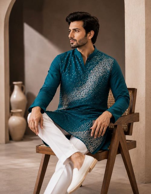 Load image into Gallery viewer, Festive Men’s Blue Premium Embroidered Kurta Pajama Set mahezon
