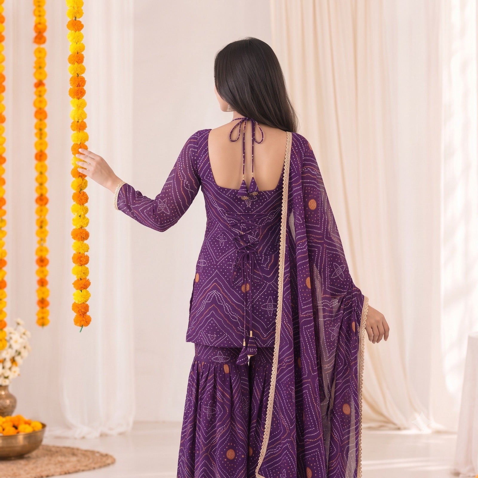 Festive Women's Bandhani Print Georgette Sharara Suit Set with Gota Patti Lace mahezon