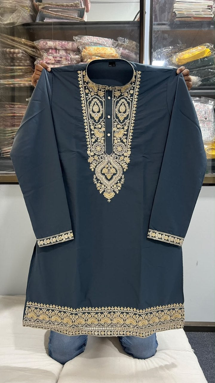 Men’s Festive Heavy Neck Embroidery Sequence Kurta Pajama Set – Elegant Diwali & Wedding Wear