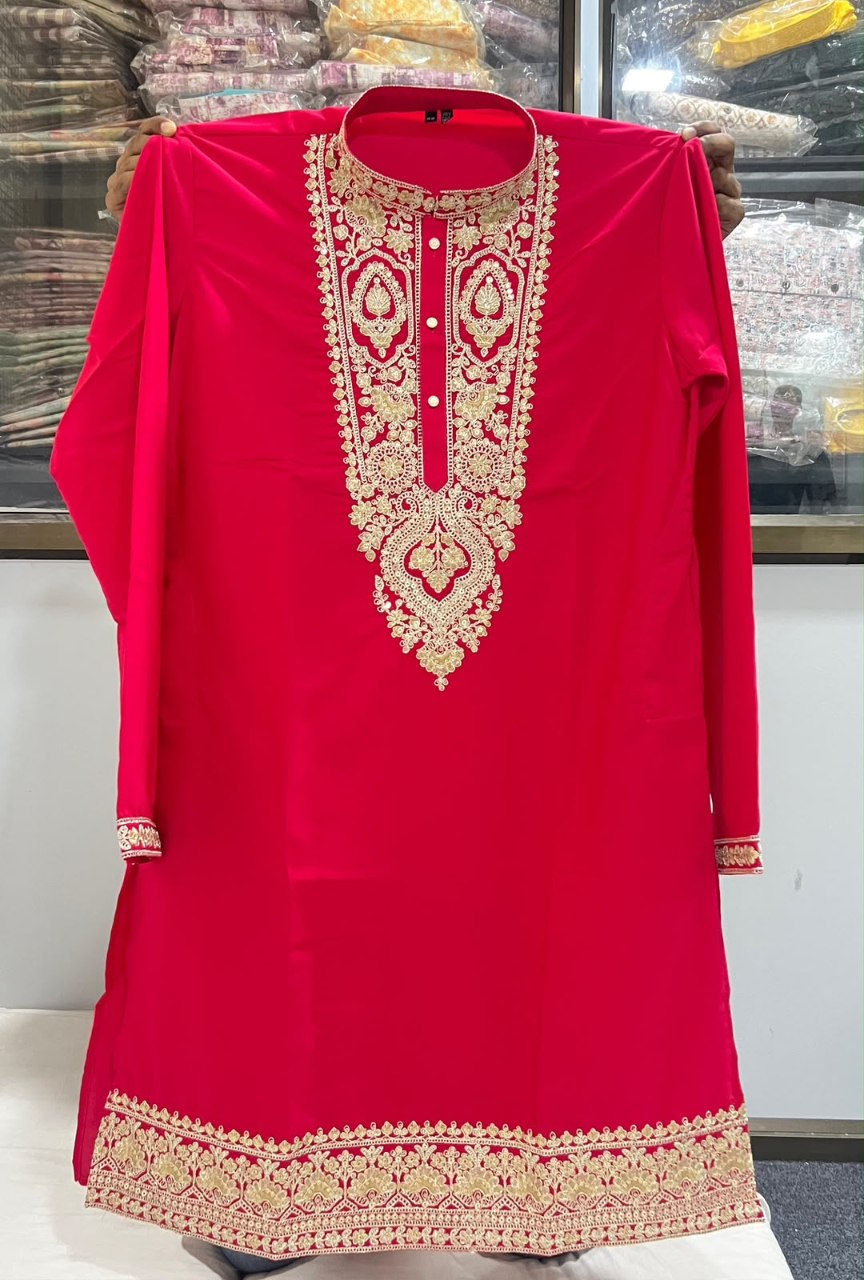Men’s Festive Heavy Neck Embroidery Sequence Kurta Pajama Set – Elegant Diwali & Wedding Wear