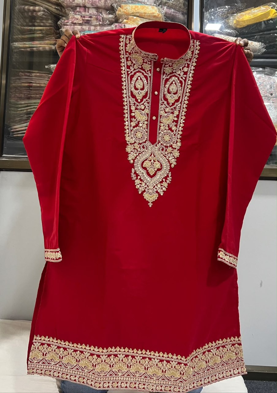 Men’s Festive Heavy Neck Embroidery Sequence Kurta Pajama Set – Elegant Diwali & Wedding Wear