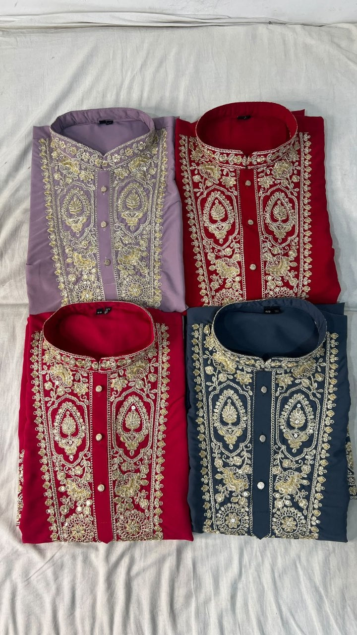 Men’s Festive Heavy Neck Embroidery Sequence Kurta Pajama Set – Elegant Diwali & Wedding Wear