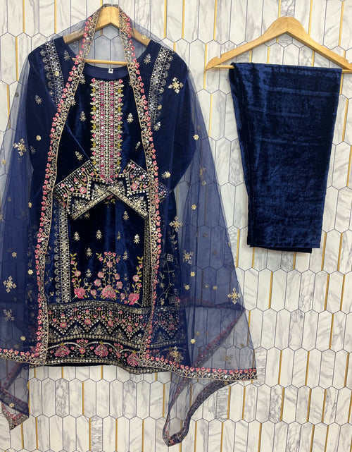 Load image into Gallery viewer, Designer Velvet Embroidery Women Top Pant Dupatta Suit Royal Export
