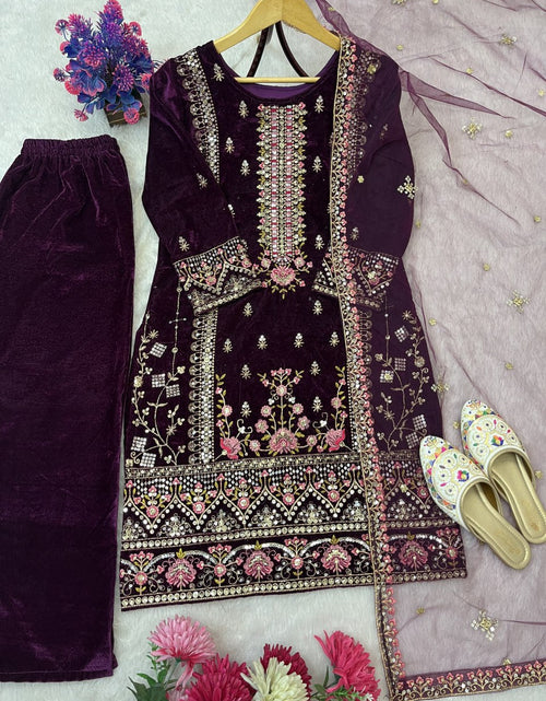 Load image into Gallery viewer, Designer Velvet Embroidery Women Top Pant Dupatta Suit Royal Export
