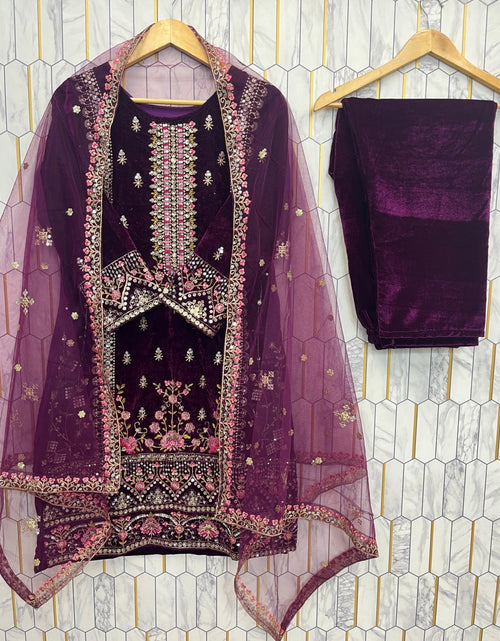 Load image into Gallery viewer, Designer Velvet Embroidery Women Top Pant Dupatta Suit Royal Export
