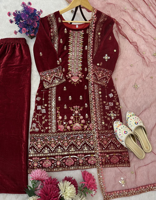 Load image into Gallery viewer, Designer Velvet Embroidery Women Top Pant Dupatta Suit Royal Export
