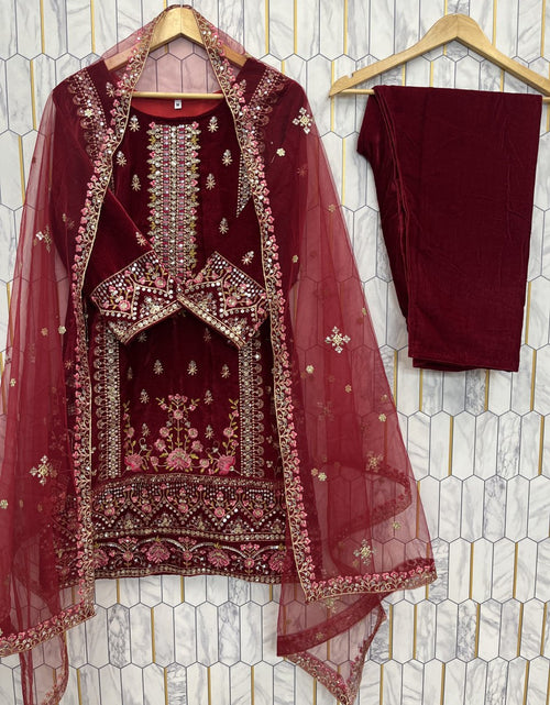 Load image into Gallery viewer, Designer Velvet Embroidery Women Top Pant Dupatta Suit Royal Export
