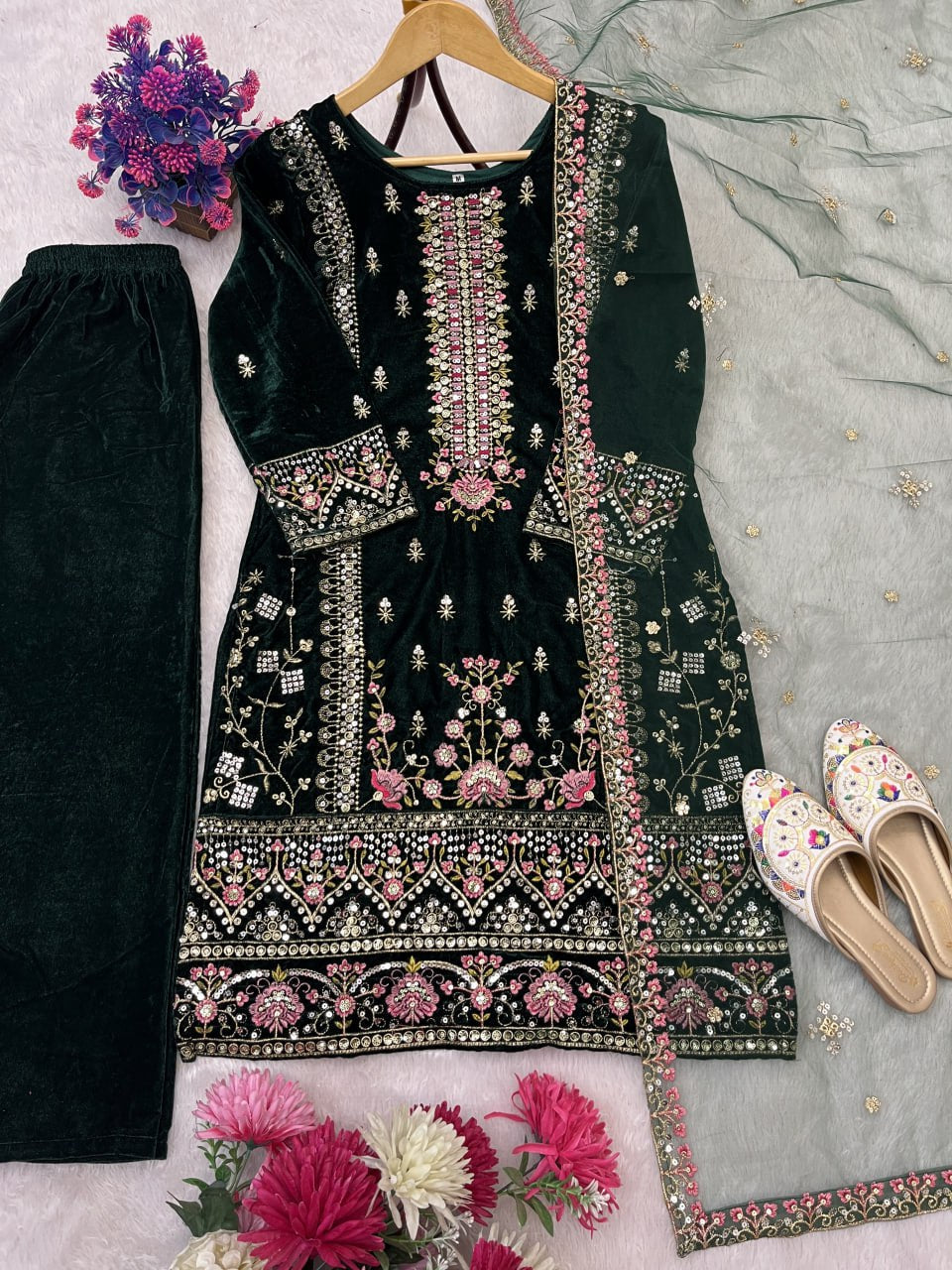 Designer Velvet Embroidery Women Top Pant Dupatta Suit Royal Export