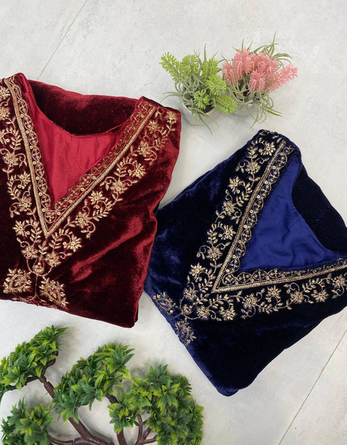 Load image into Gallery viewer, Designer Velvet Wedding Embroidery Women Top Pant Dupatta Suit Royal Export
