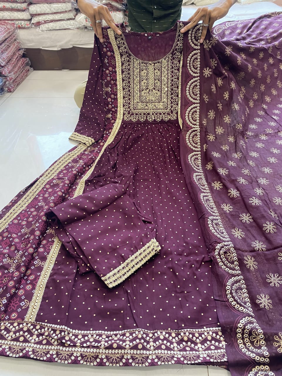 Beautiful Women Purple Naira cut Kurta Pant with Dupatta Dress.  mahezon