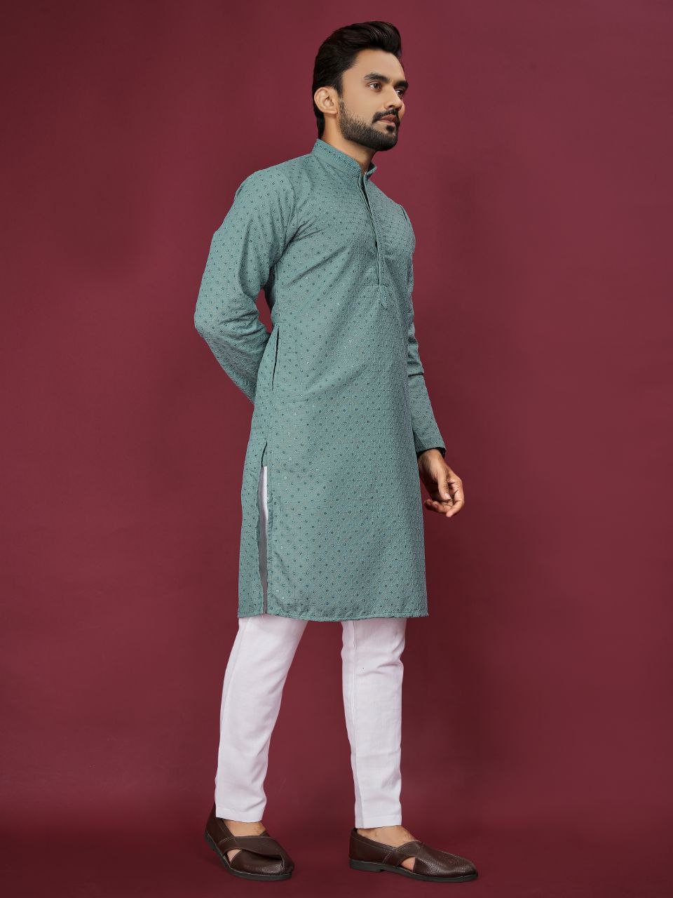 Traditional Indian Cotton Lucknowi Men Kurta Pyjama Set mahezon