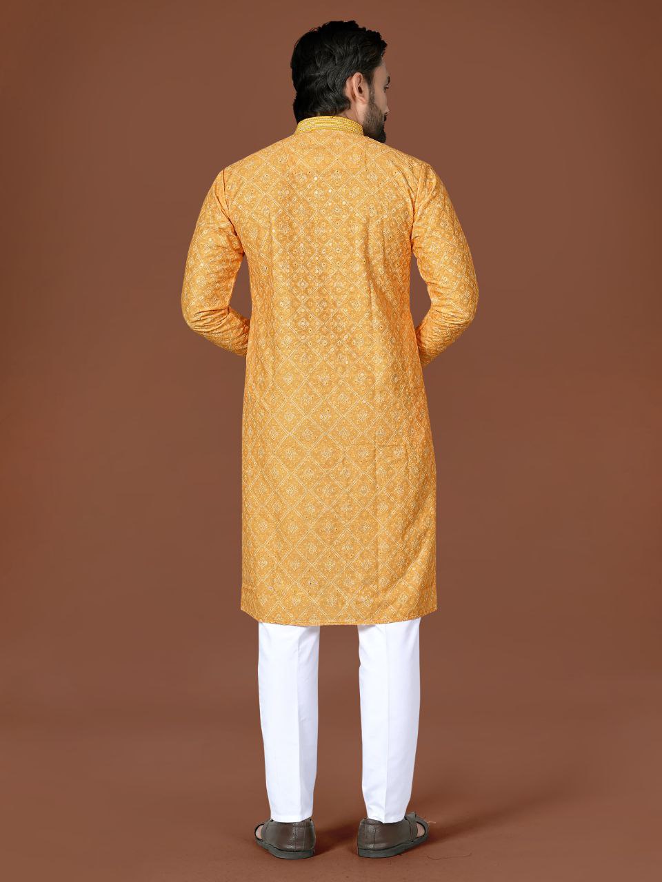 Indian Cotton Yellow Lucknowi Men Kurta Pajama Set for Haldi Wedding mahezon