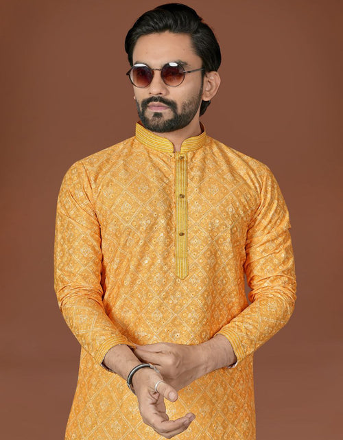 Load image into Gallery viewer, Indian Cotton Yellow Lucknowi Men Kurta Pajama Set for Haldi Wedding mahezon
