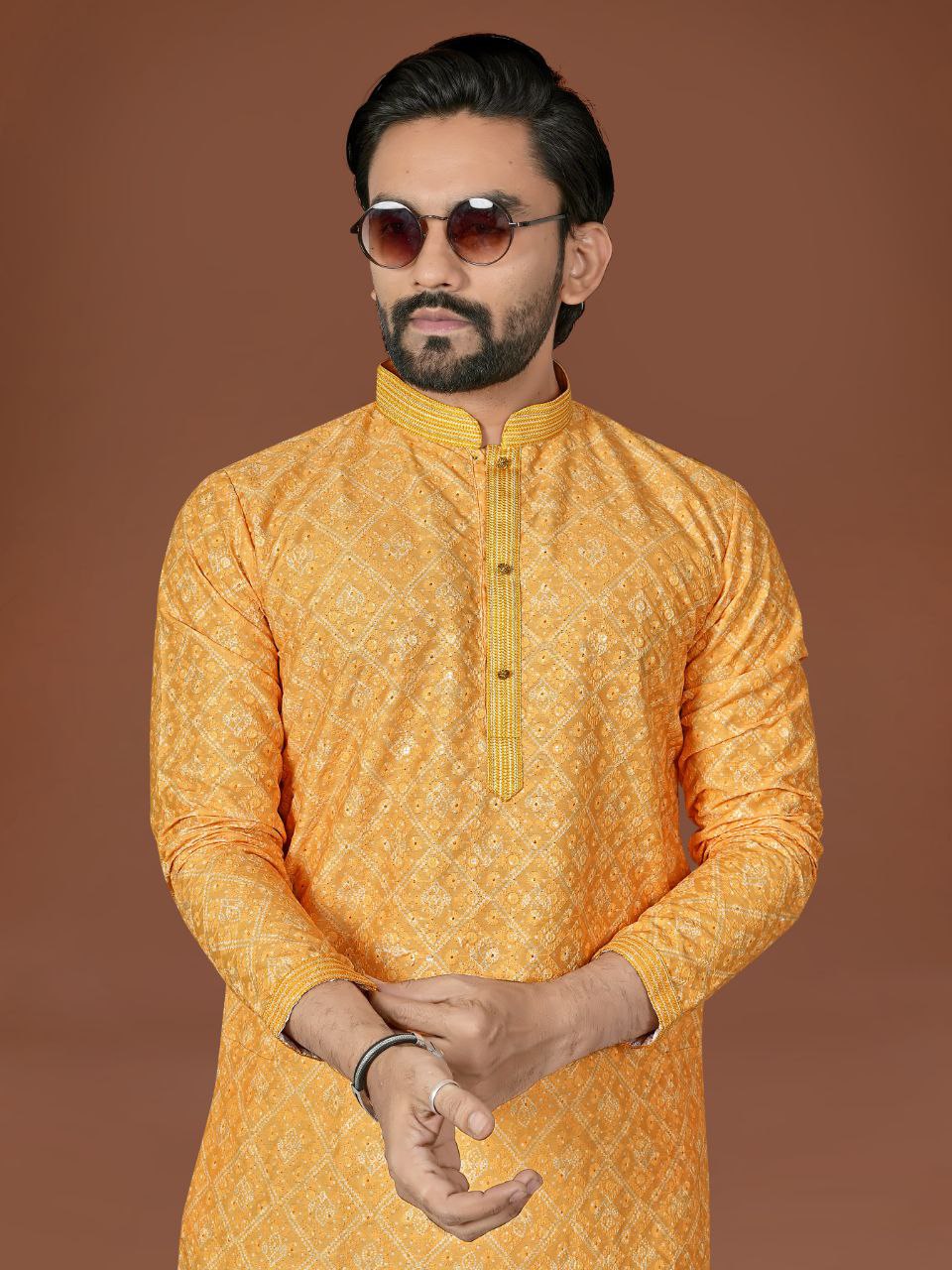 Indian Cotton Yellow Lucknowi Men Kurta Pajama Set for Haldi Wedding mahezon