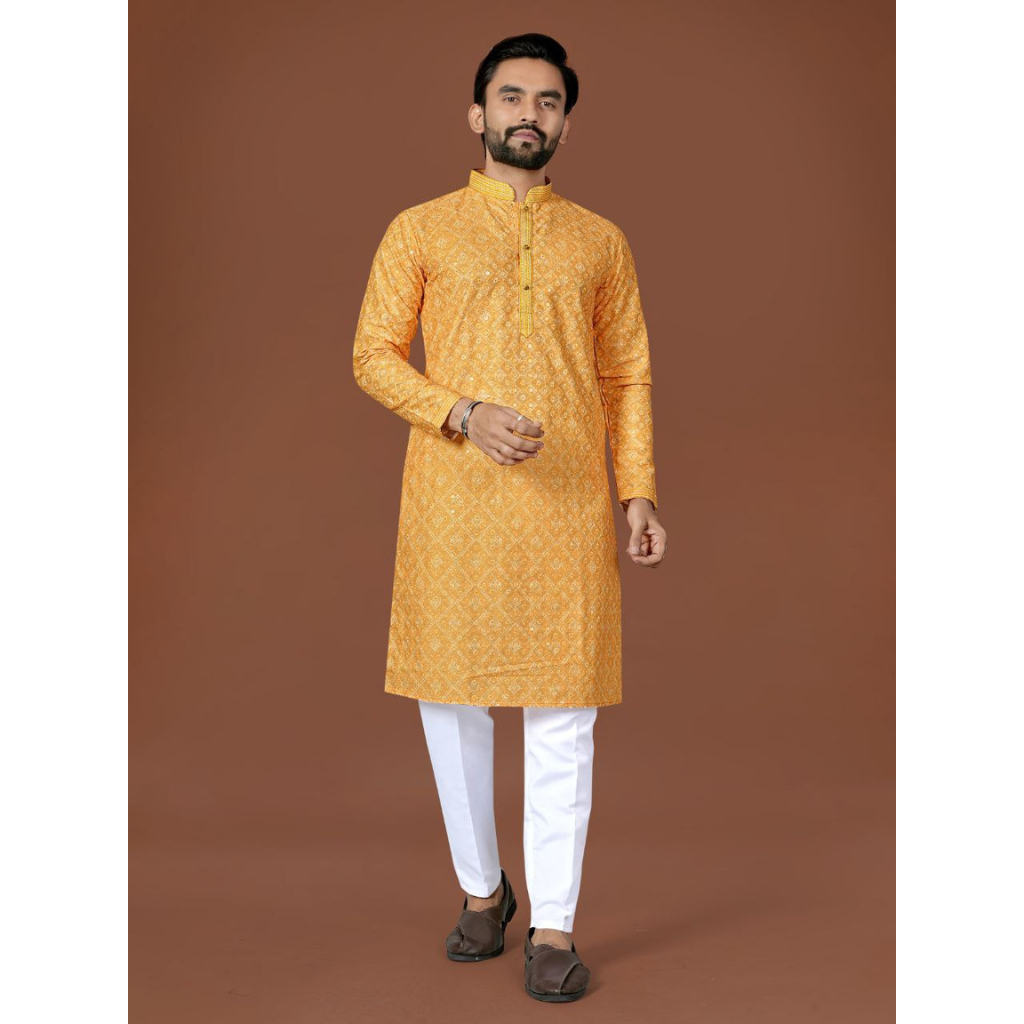 Indian Cotton Yellow Lucknowi Men Kurta Pajama Set for Haldi Wedding mahezon