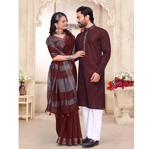 Traditional Indian Couples Same Matching Men Kurta Pajama and Women Saree Blouse Outfits Set mahezon