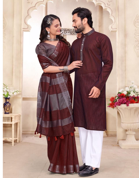 Traditional Indian Couples Same Matching Men Kurta Pajama and Women Saree Blouse Outfits Set mahezon