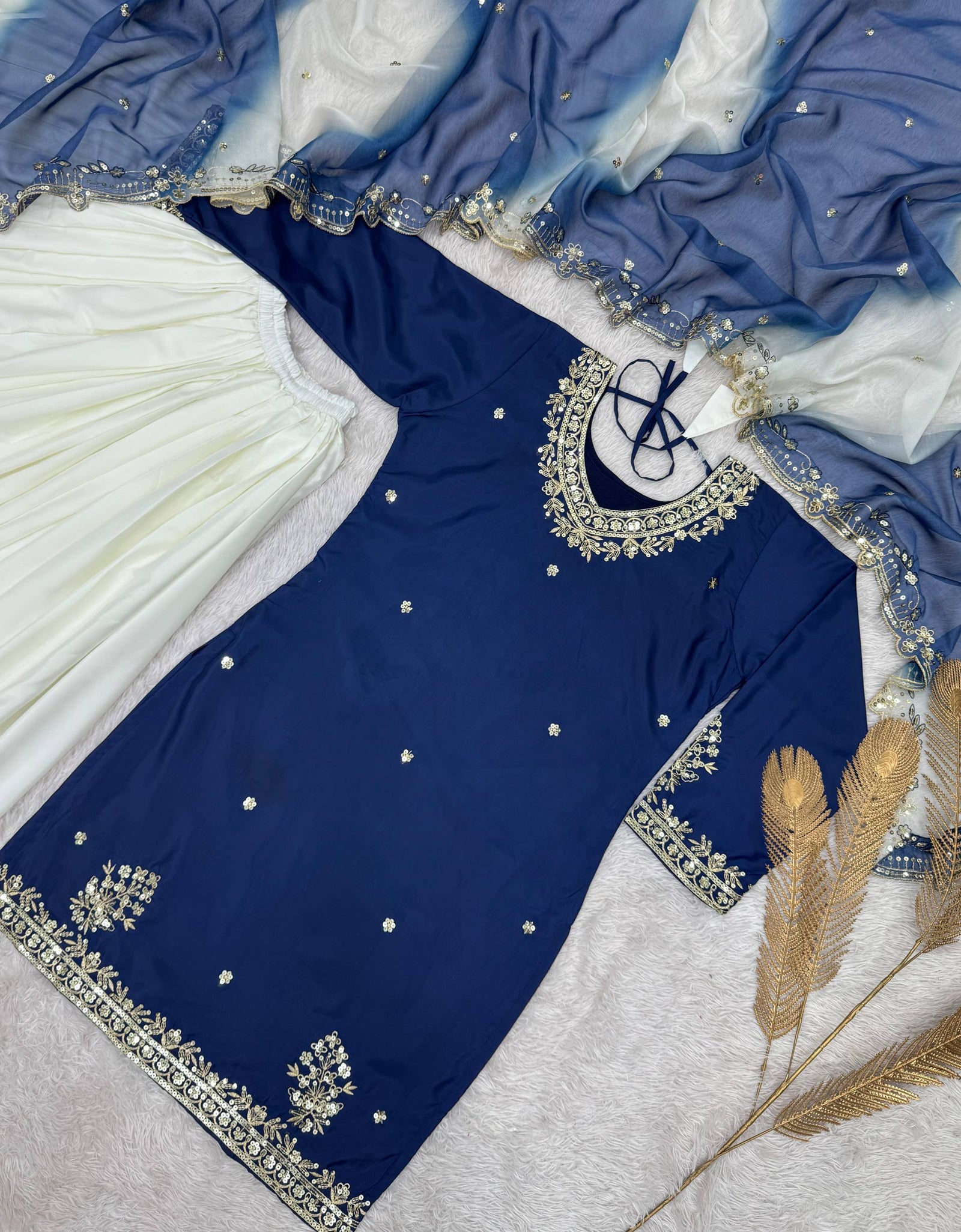 Festive Embroidered Sequence Women Top Palazzo Dupatta Suit Dress mahezon