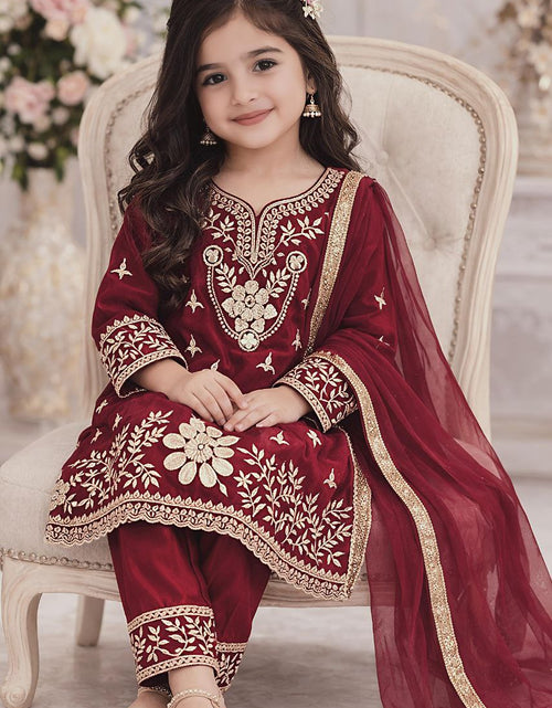Load image into Gallery viewer, Festive Embroidery Sequence Kid Girl Kurti Palazzo with Dupatta Suit mahezon
