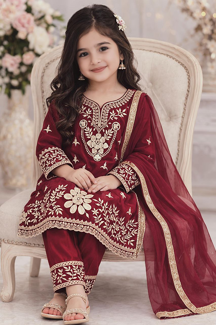 Festive Embroidery Sequence Kid Girl Kurti Palazzo with Dupatta Suit mahezon